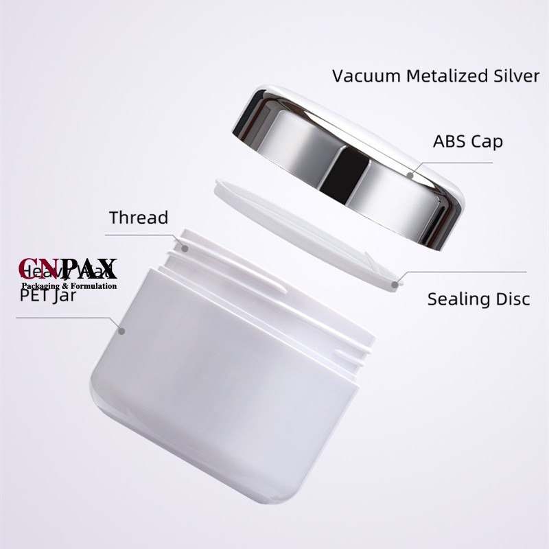 plastic cream jar with silver screw cap